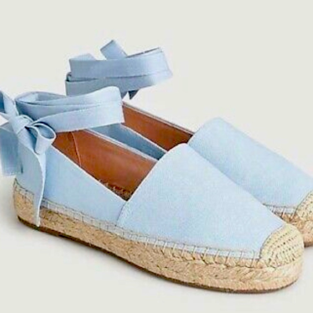 NWT J CREW Canvas Espadrille Flats Size 6.5 with removable ankle ribbon